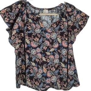 Evereve Roan and Ryan Floral Blouse Top Short Sleeve Cotton Size XS Cap Sleeve
